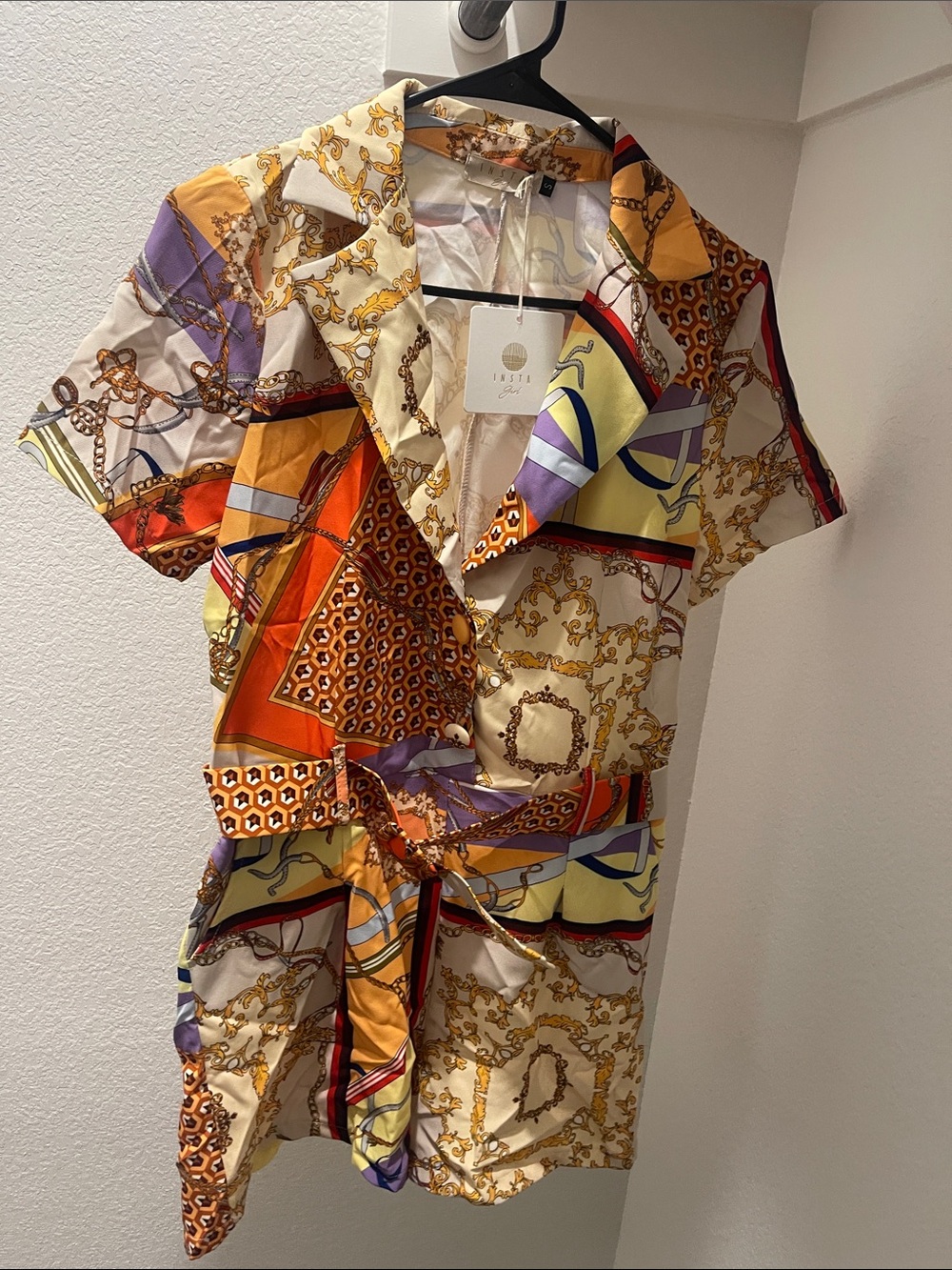 Vintage-Inspired Chain Print Button Romper in Yellow & Orange